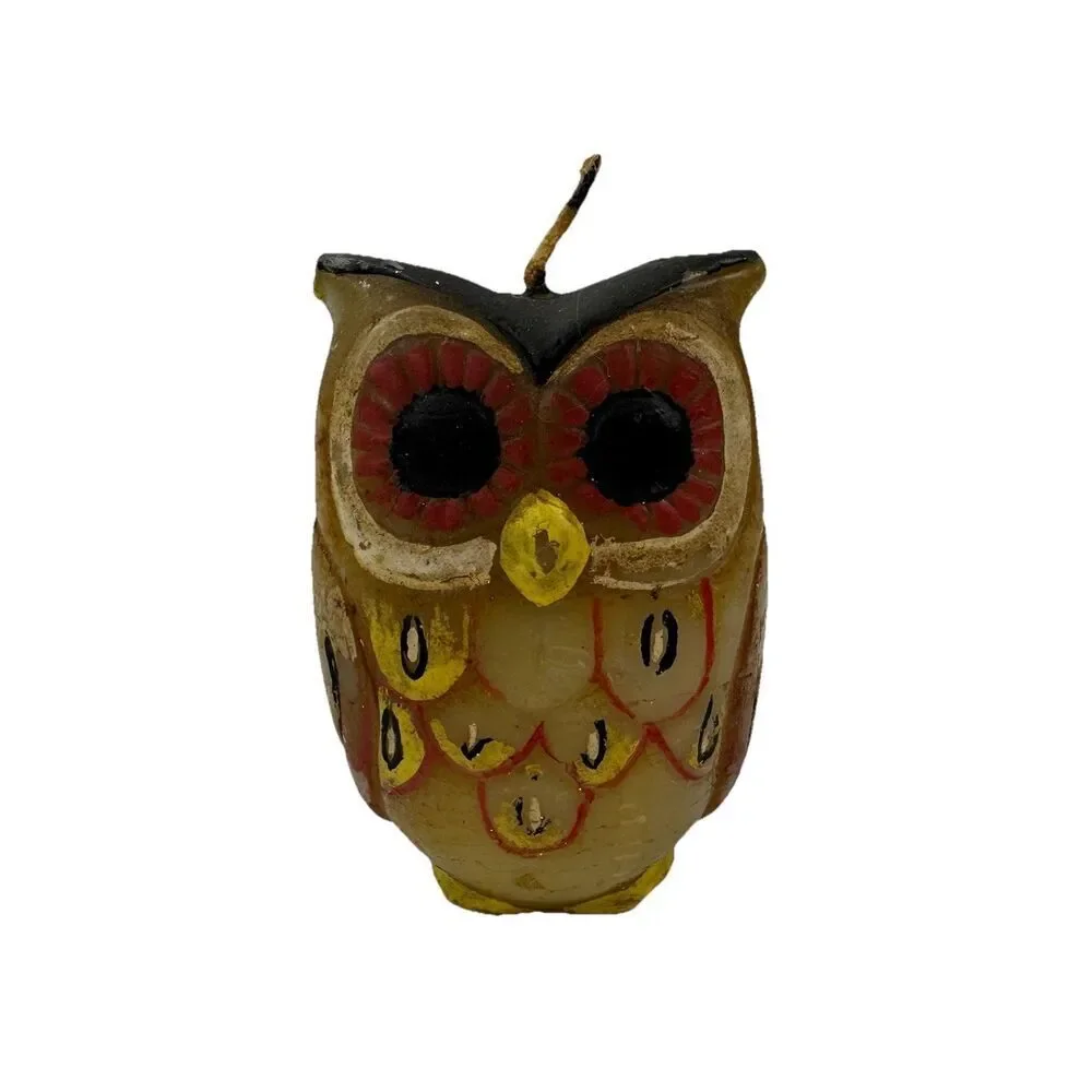 Vintage Hand Painted Owl Figural Candle Mid Century Paraffin Wax Retro Decor